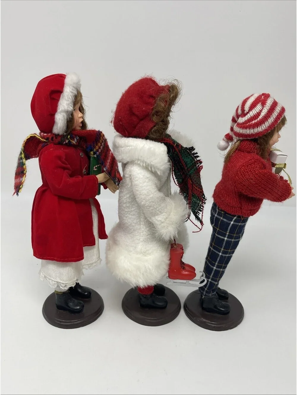 3 Vintage Christmas Carolers Figurines Choir Singers Red White Coat Plaid Decor